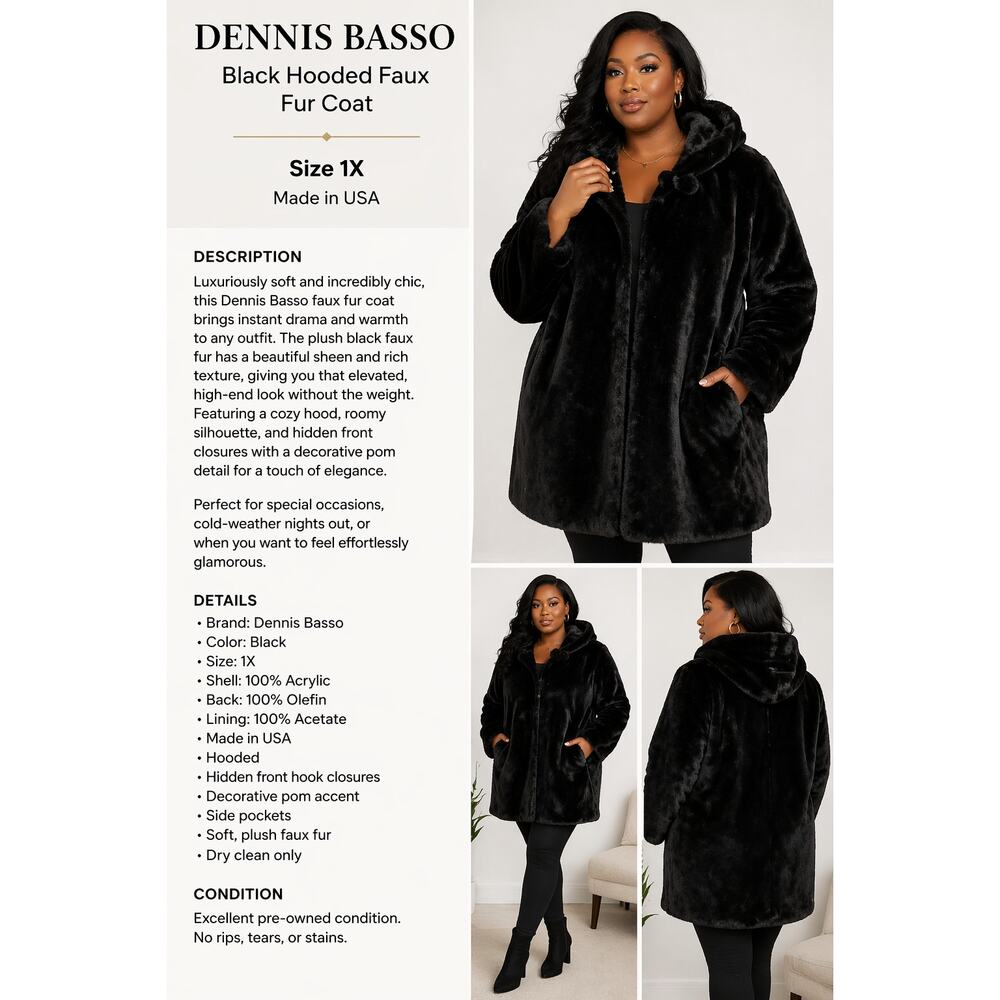 Dennis Basso Black Hooded Faux Fur Coat 1X Made in USA